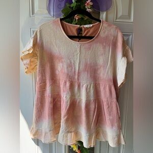 TEA N ROSE Upcycle Tie Dyed Crinkle Boho Ruffle Top Peach Pink Orange size Large